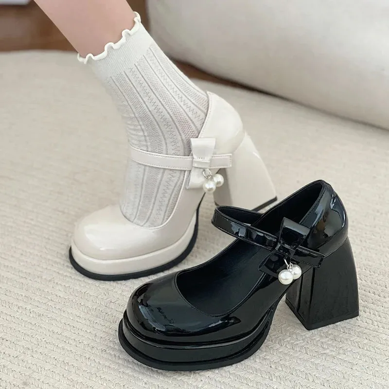 Hnzxzm Fashion Black White Platform Pumps for Women Bowknot Strap Thick Heels Mary Jane Shoes Woman Sweet High Heel Party Shoes Ladies