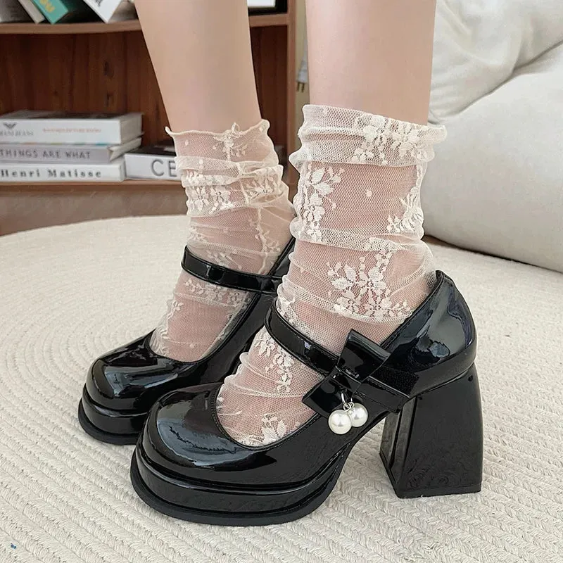 Hnzxzm Fashion Black White Platform Pumps for Women Bowknot Strap Thick Heels Mary Jane Shoes Woman Sweet High Heel Party Shoes Ladies