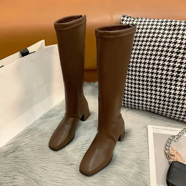 Hnzxzm Women Black High Heel Long Boots Fashion Autumn Winter Warm Knee High Boots Soft Leather Thigh High Boots Shoes Zipper Size 42