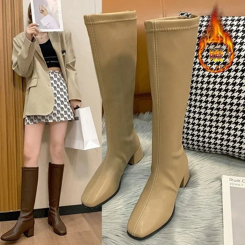 Hnzxzm Women Black High Heel Long Boots Fashion Autumn Winter Warm Knee High Boots Soft Leather Thigh High Boots Shoes Zipper Size 42