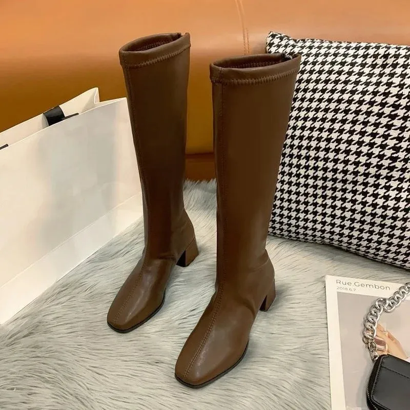 Hnzxzm Women Black High Heel Long Boots Fashion Autumn Winter Warm Knee High Boots Soft Leather Thigh High Boots Shoes Zipper Size 42