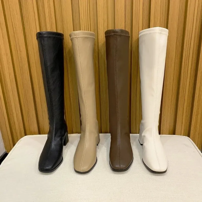 Hnzxzm Women Black High Heel Long Boots Fashion Autumn Winter Warm Knee High Boots Soft Leather Thigh High Boots Shoes Zipper Size 42