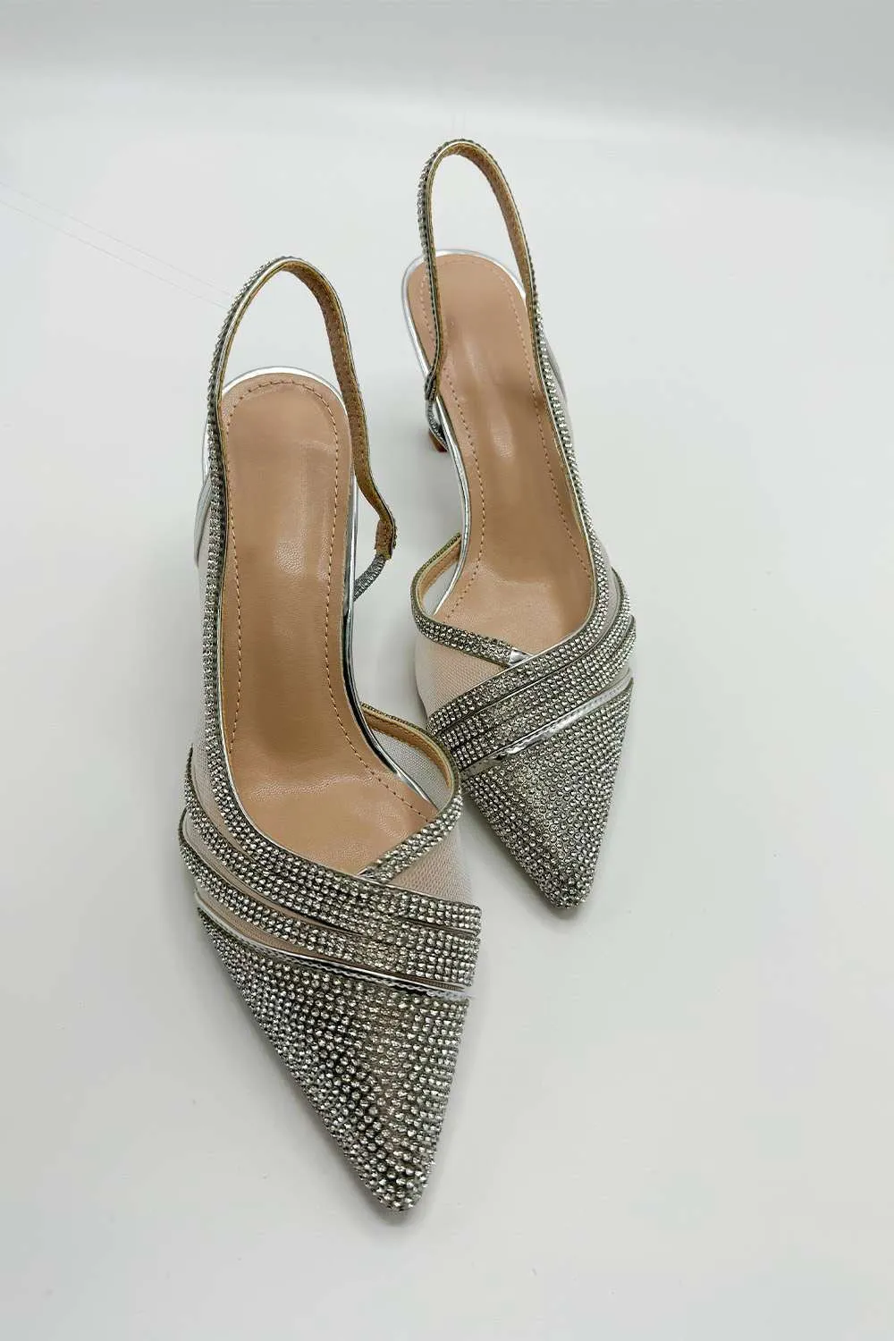 Jenn Mesh Detail Diamante Embellished Court Shoes in Silver