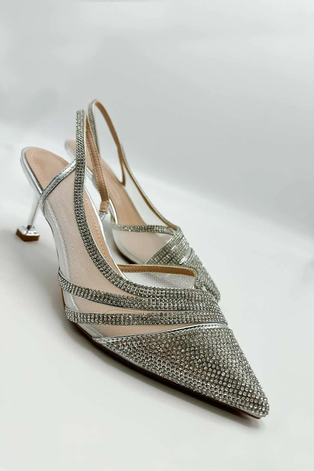 Jenn Mesh Detail Diamante Embellished Court Shoes in Silver