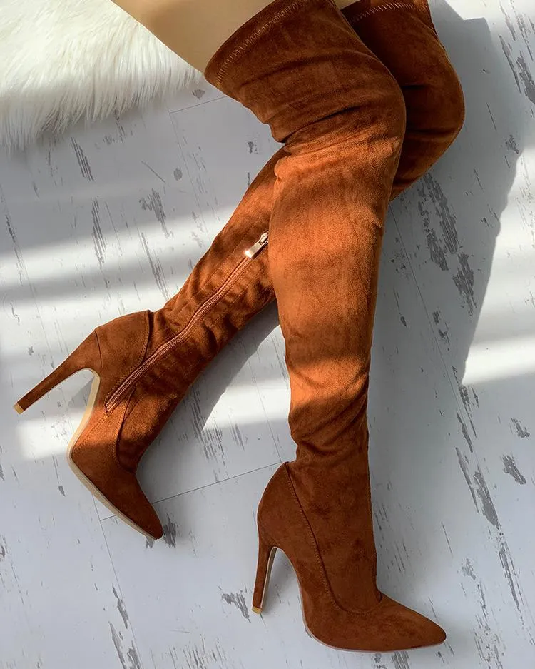 Knee High Pointed Toe Heels Red Boots