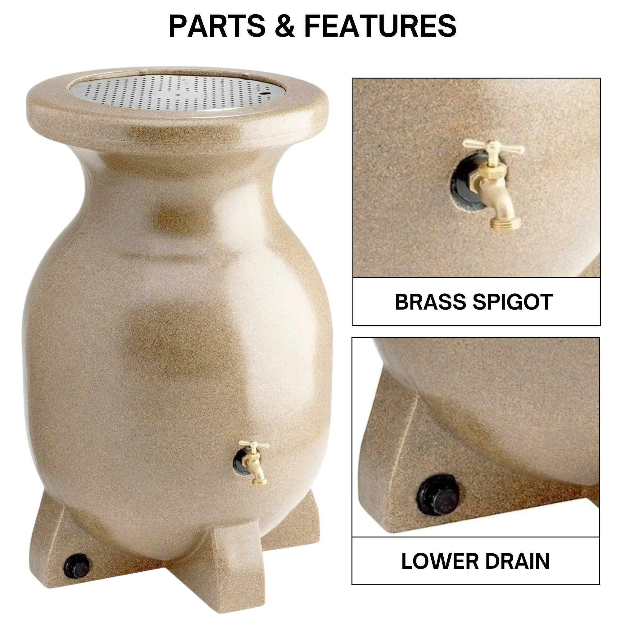 Koolscapes 55 Gallon Rain Barrel | Sandstone-Look Rainwater Collection Urn | Outdoor Water Catcher & Storage | Sustainable Watering For Lawn Plants & Gardens | Brass Spigot | Recycled Plastic | Beige