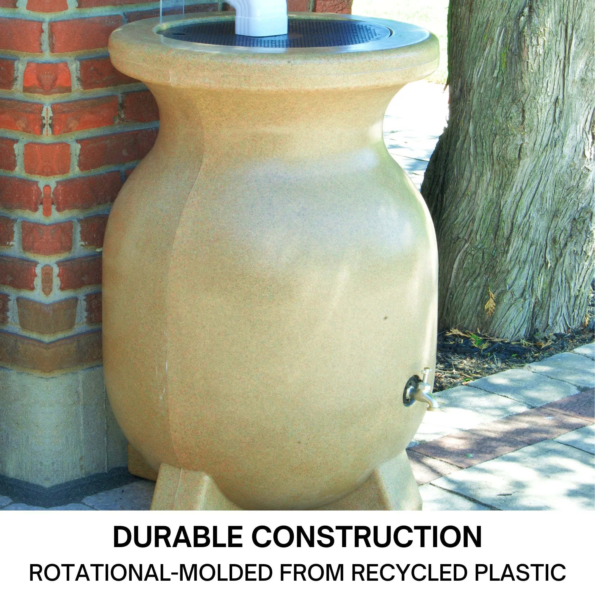 Koolscapes 55 Gallon Rain Barrel | Sandstone-Look Rainwater Collection Urn | Outdoor Water Catcher & Storage | Sustainable Watering For Lawn Plants & Gardens | Brass Spigot | Recycled Plastic | Beige