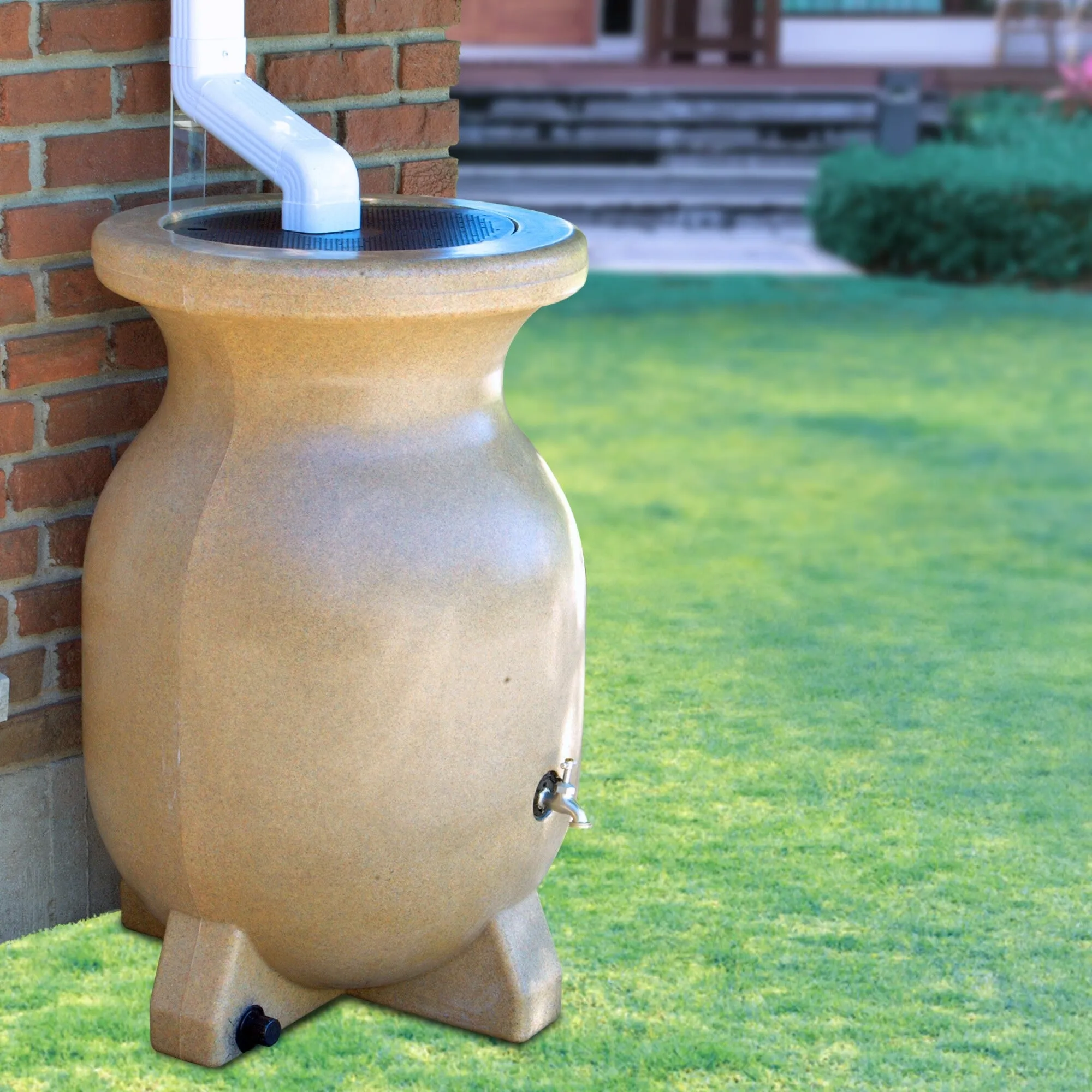 Koolscapes 55 Gallon Rain Barrel | Sandstone-Look Rainwater Collection Urn | Outdoor Water Catcher & Storage | Sustainable Watering For Lawn Plants & Gardens | Brass Spigot | Recycled Plastic | Beige