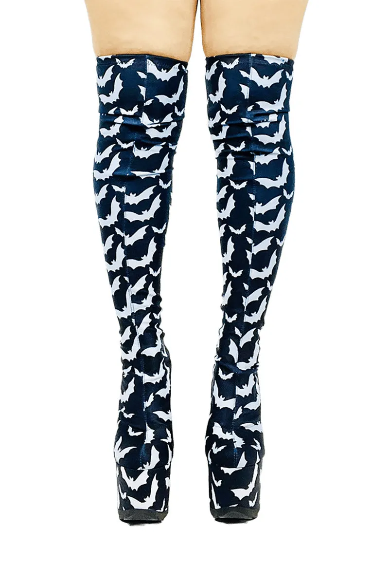 Labyrinth Bat Thigh High Boots [BLACK/WHITE]