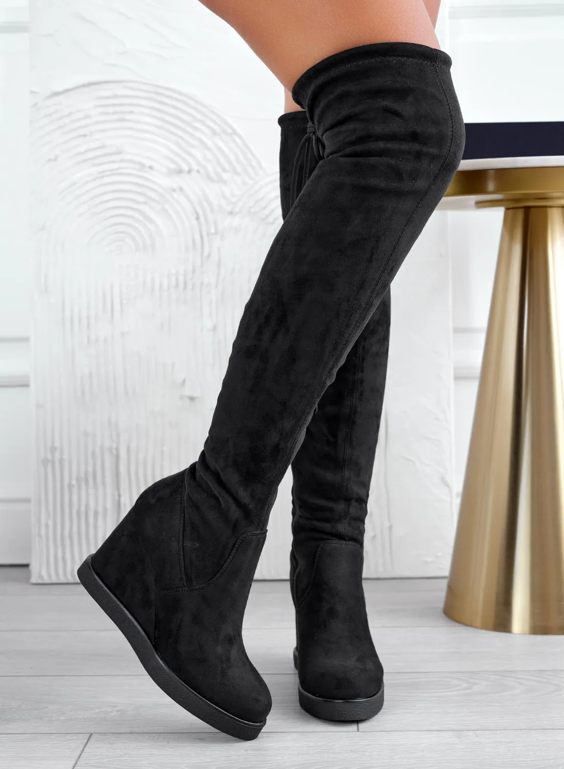 LESLIE - Black suede thigh-high boots with wedge