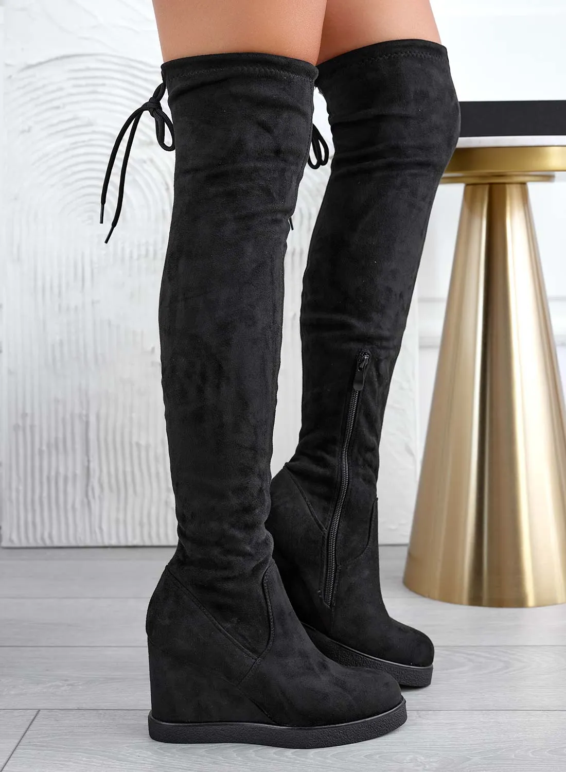 LESLIE - Black suede thigh-high boots with wedge