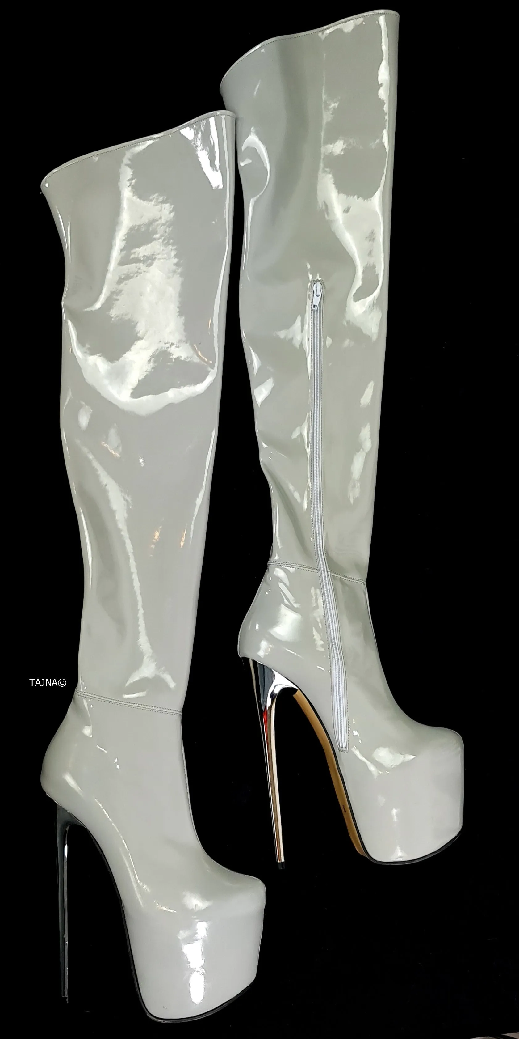 Light Gray Thigh High Gloss High Heel Boots