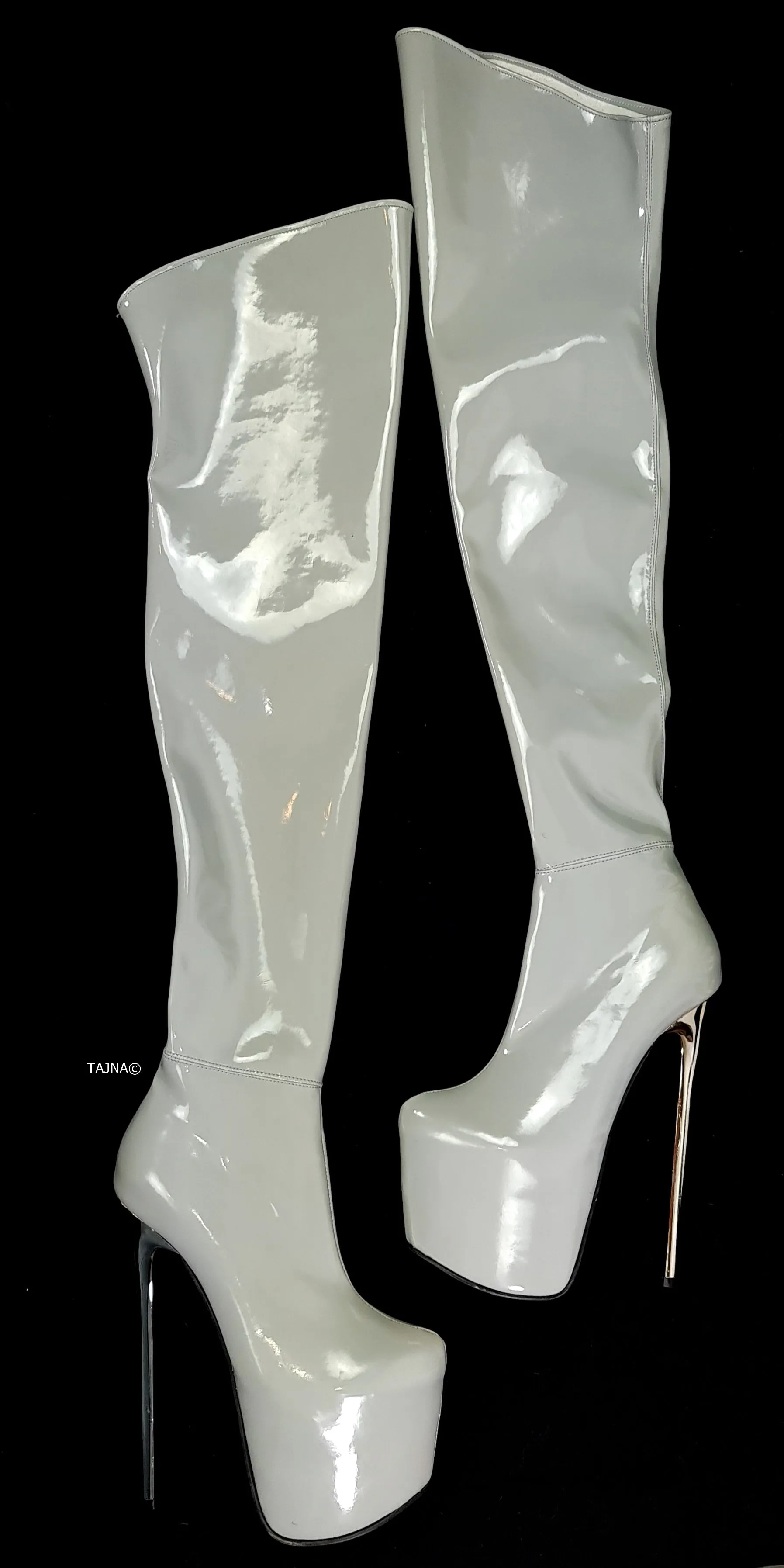 Light Gray Thigh High Gloss High Heel Boots