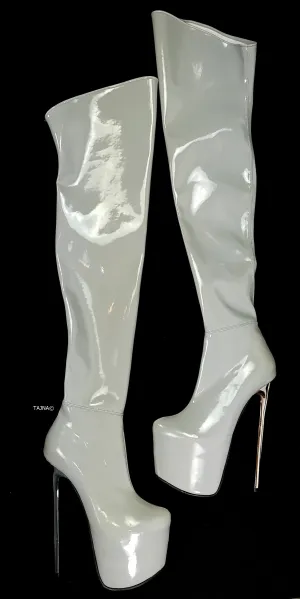 Light Gray Thigh High Gloss High Heel Boots