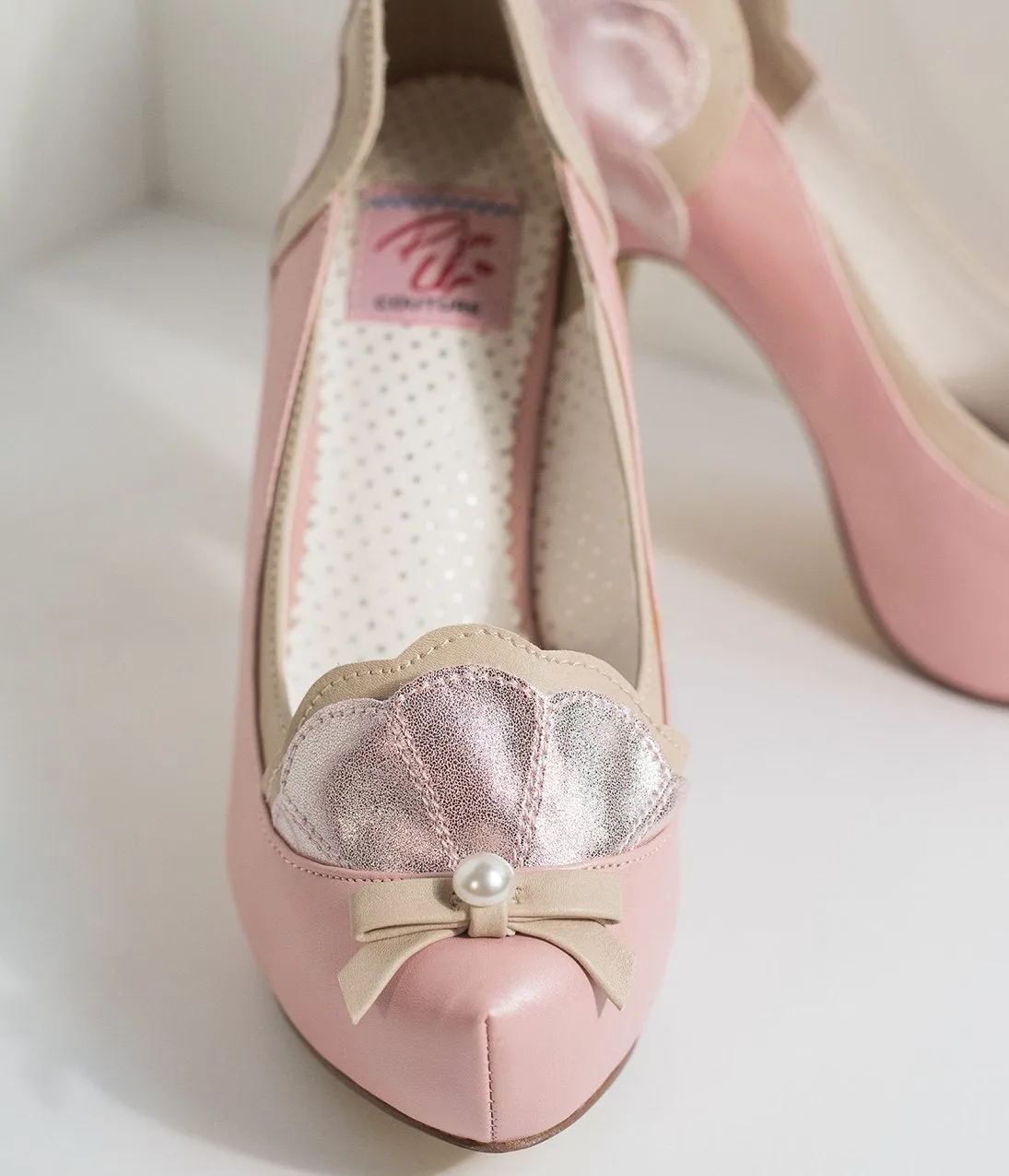 Light Pink & Tan Leatherette Sparkle Shell Bettie Pumps