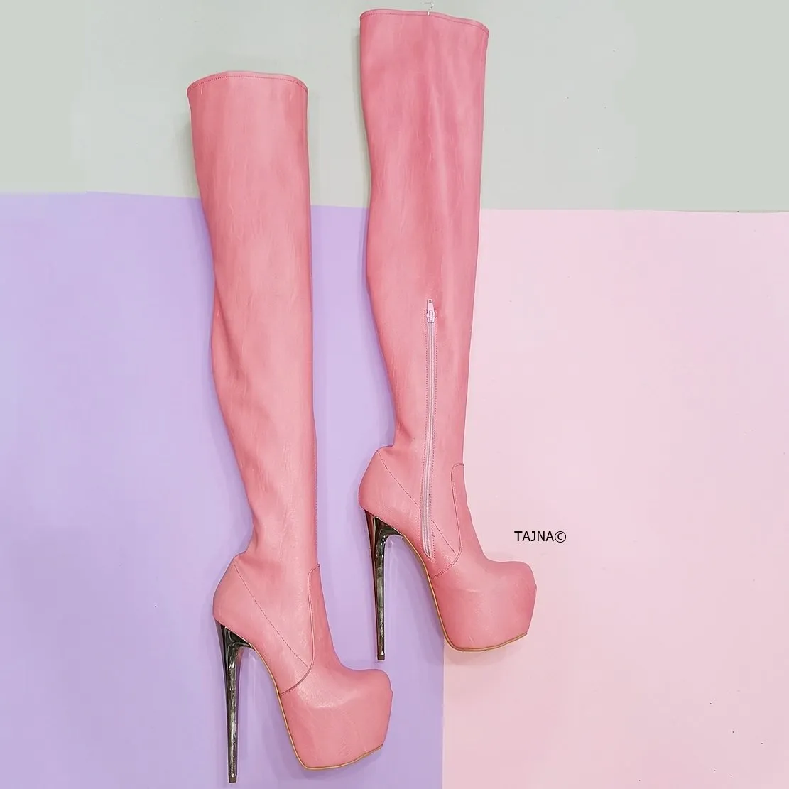 Light Pink Strech Thigh High Boots