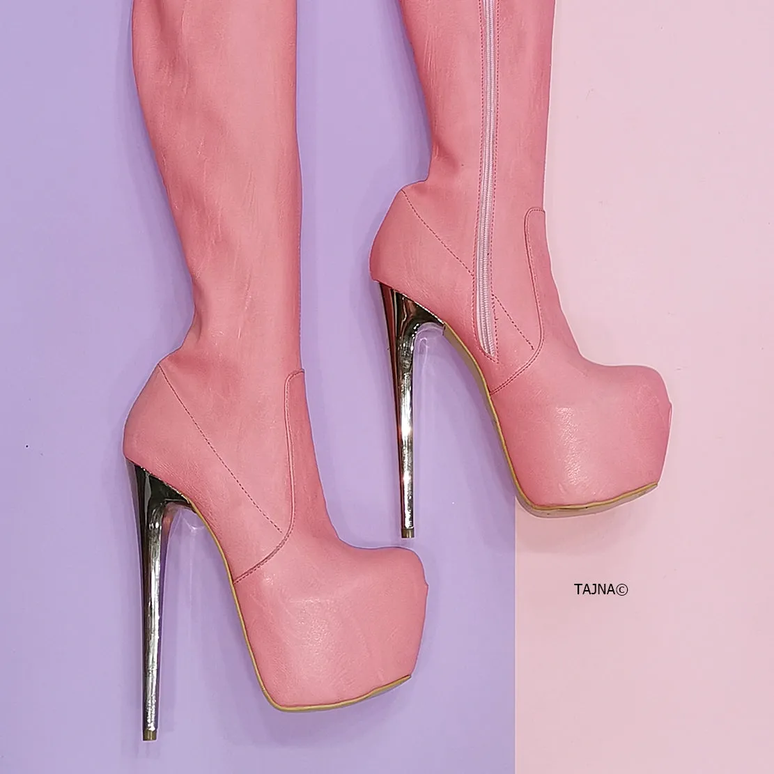 Light Pink Strech Thigh High Boots