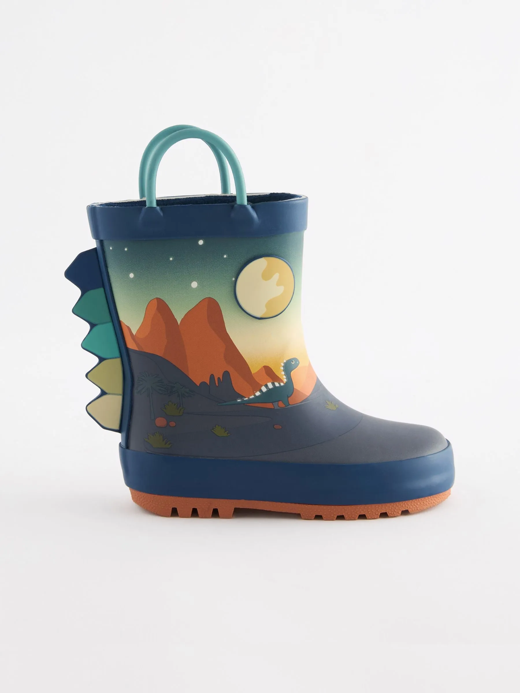Navy Dinosaur Scene Handle Pull-On Wellies