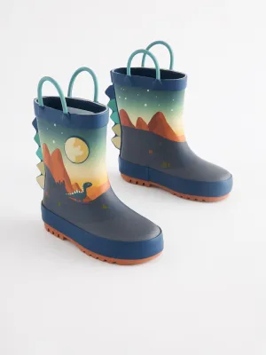 Navy Dinosaur Scene Handle Pull-On Wellies