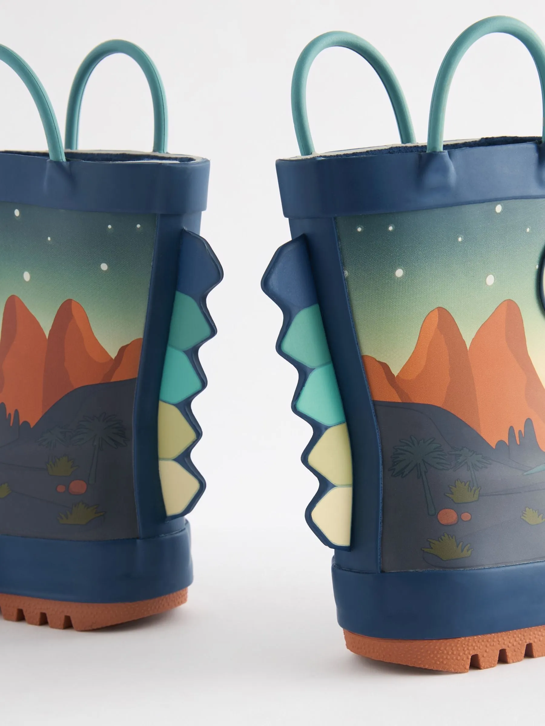 Navy Dinosaur Scene Handle Pull-On Wellies