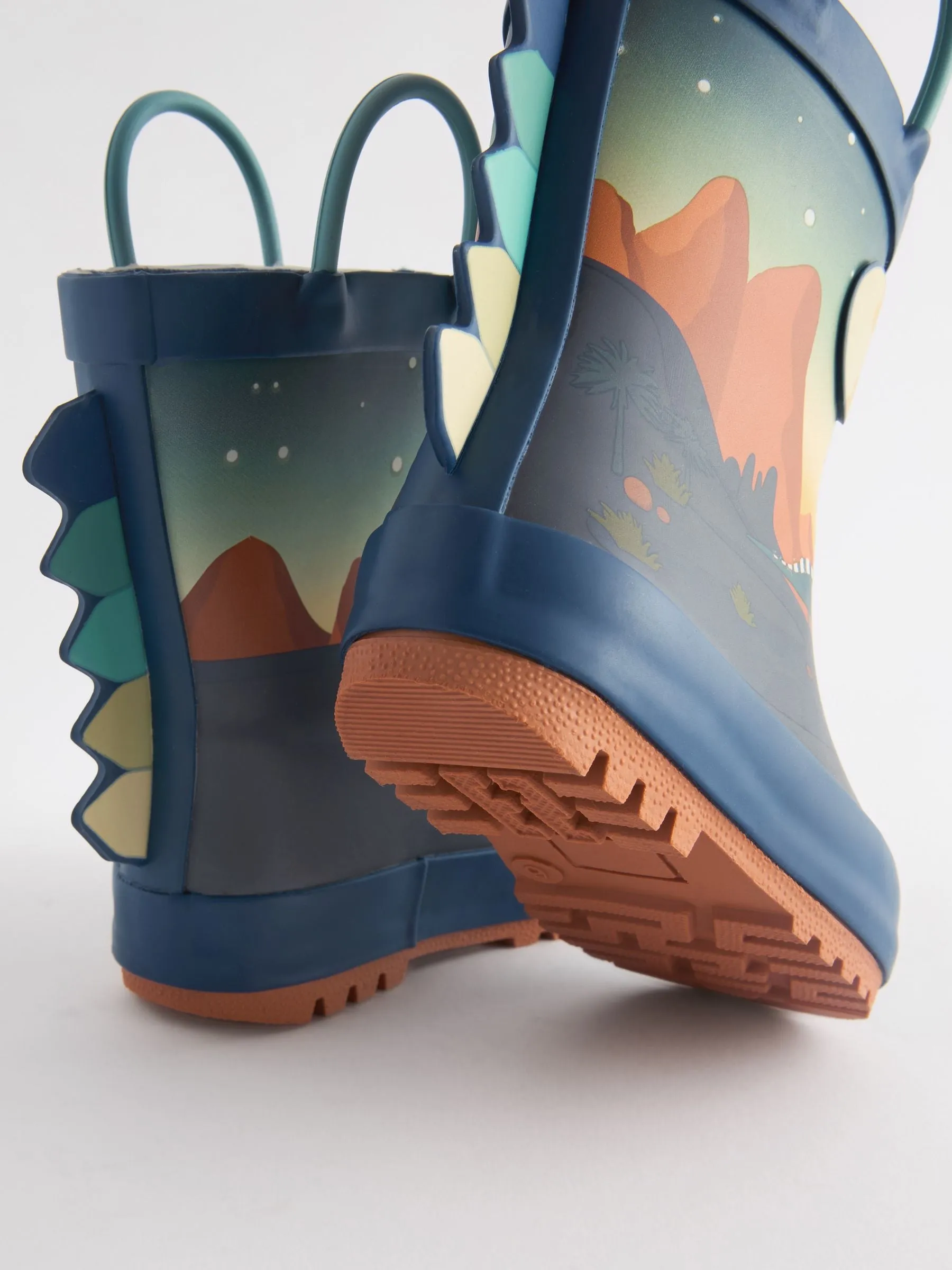 Navy Dinosaur Scene Handle Pull-On Wellies