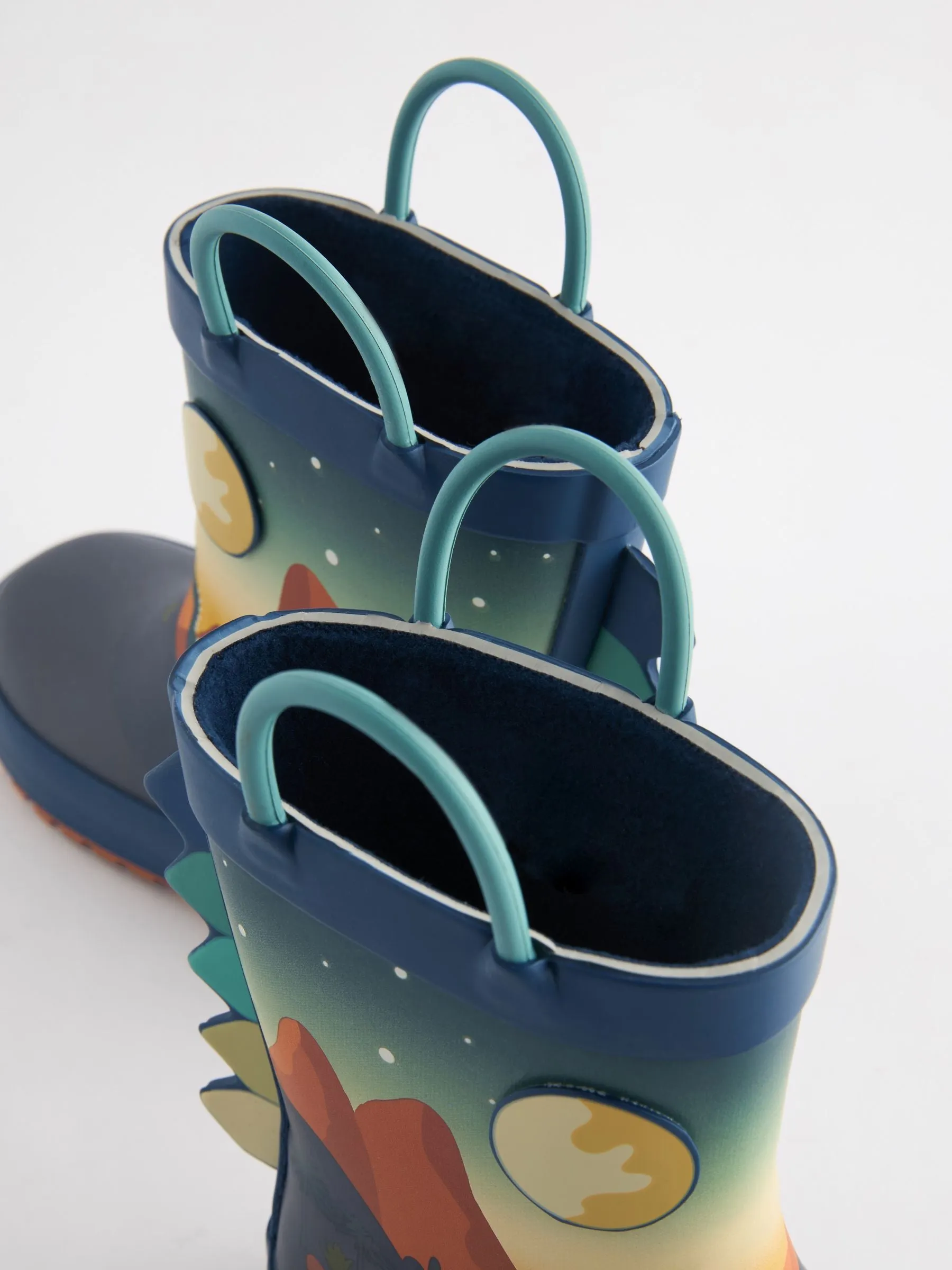 Navy Dinosaur Scene Handle Pull-On Wellies
