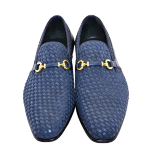 Navy Men's Suede and Leather Shoes Hand Made Woven Loafer C0223-5776