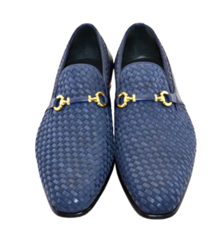 Navy Men's Suede and Leather Shoes Hand Made Woven Loafer C0223-5776