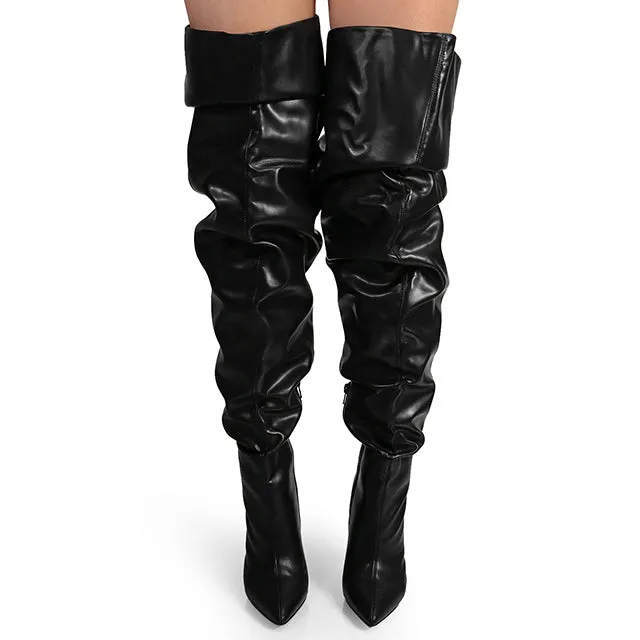 NORDIC-31 Black Faux Leather Slouch Thigh High Boot - Pointy Toe