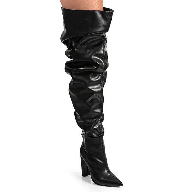 NORDIC-31 Black Faux Leather Slouch Thigh High Boot - Pointy Toe