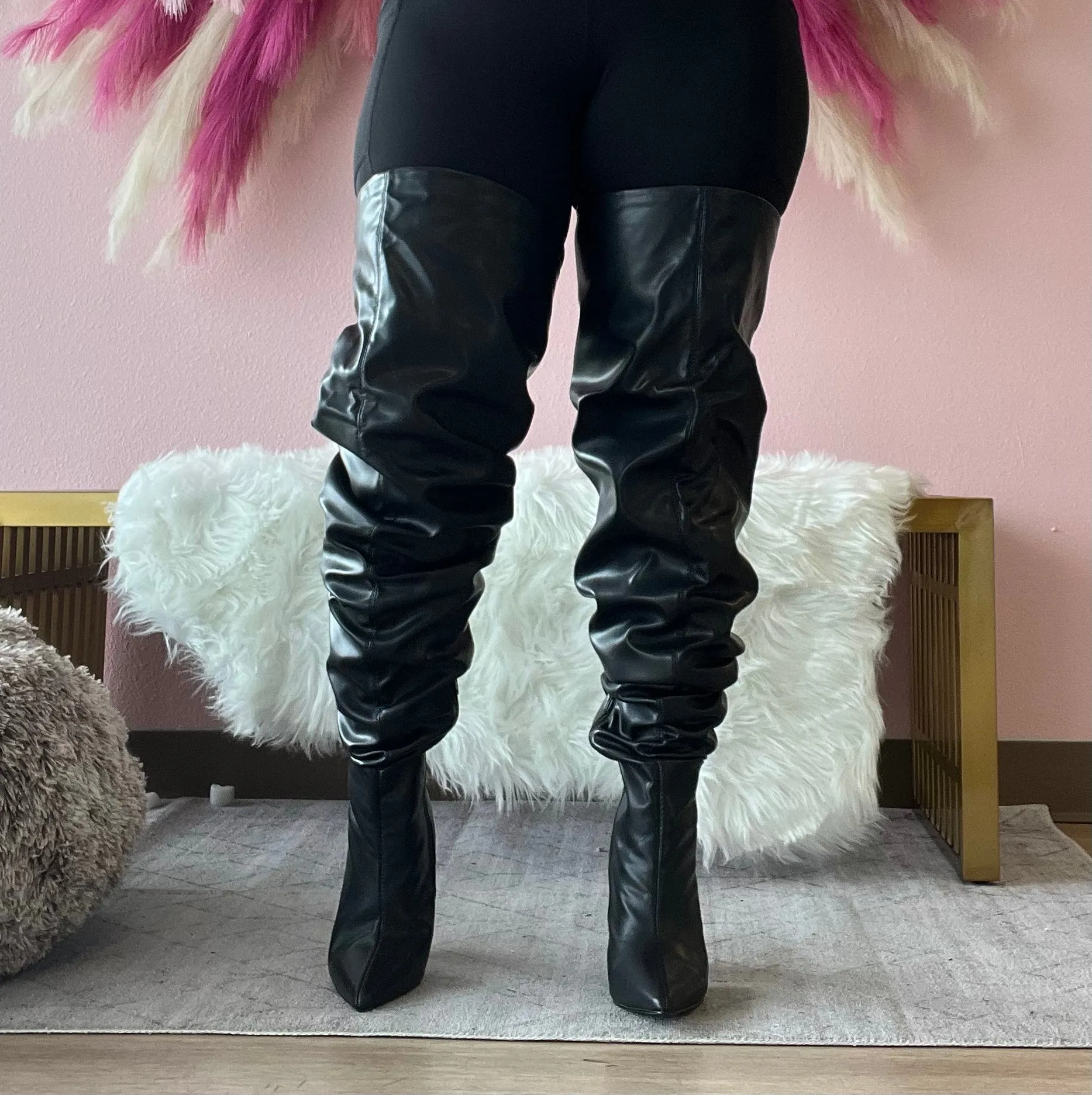 NORDIC-31 Black Faux Leather Slouch Thigh High Boot - Pointy Toe
