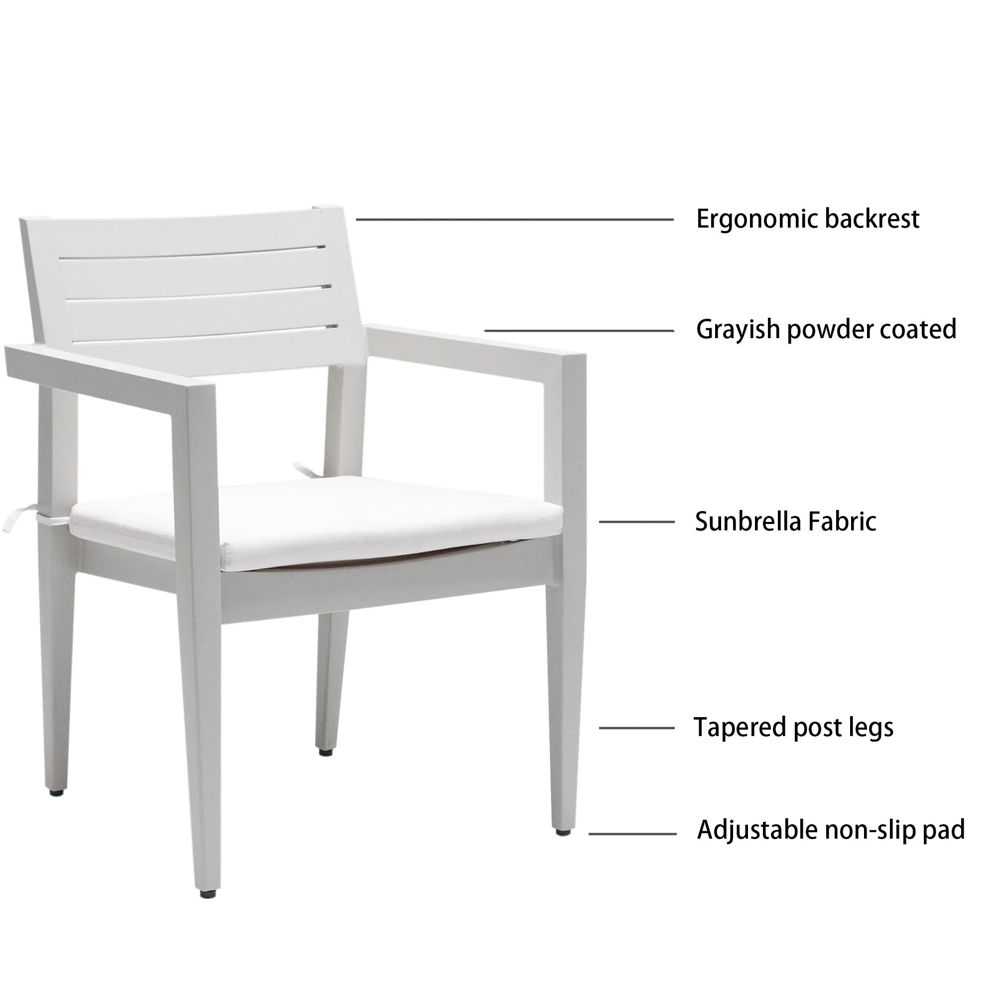 Outdoor Patio Aluminum Stationary Dining Chairs 4PCS with Outdoor-grade Sunbrella Fabric Cushions, Tapered Feet,Grayish