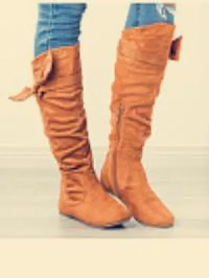 Plain Flat Velvet Round Toe Date Outdoor Thigh High Flat Boots