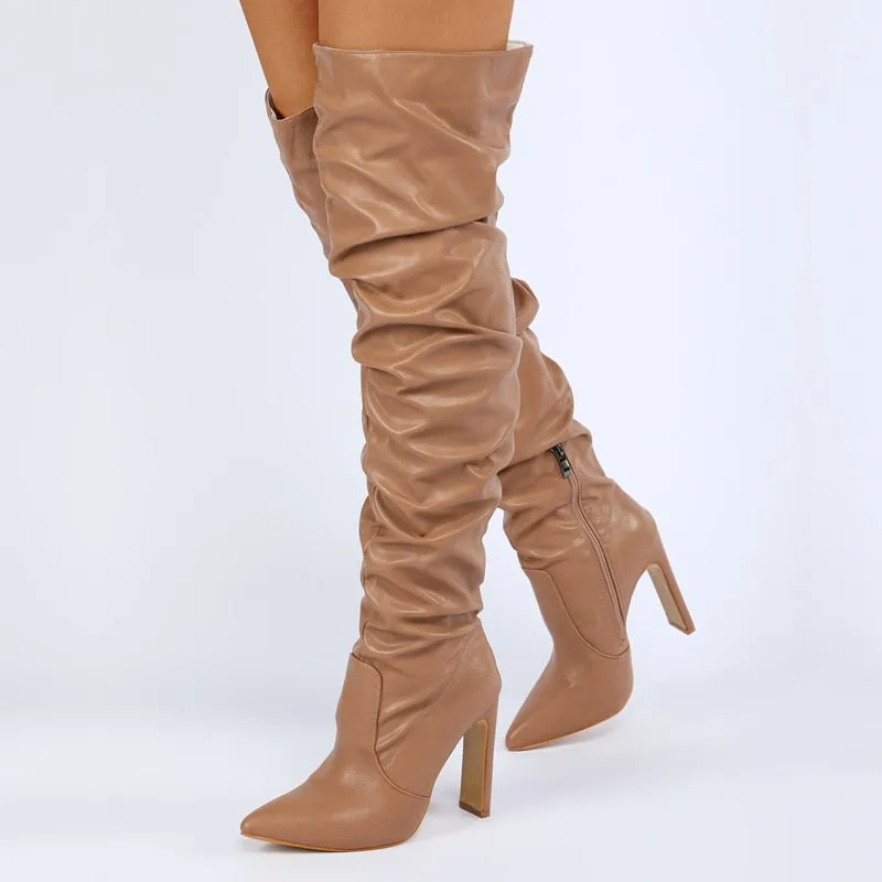 Pleated Thigh High Boots Pointed Toe Zip Stiletto Square Heels Shoes