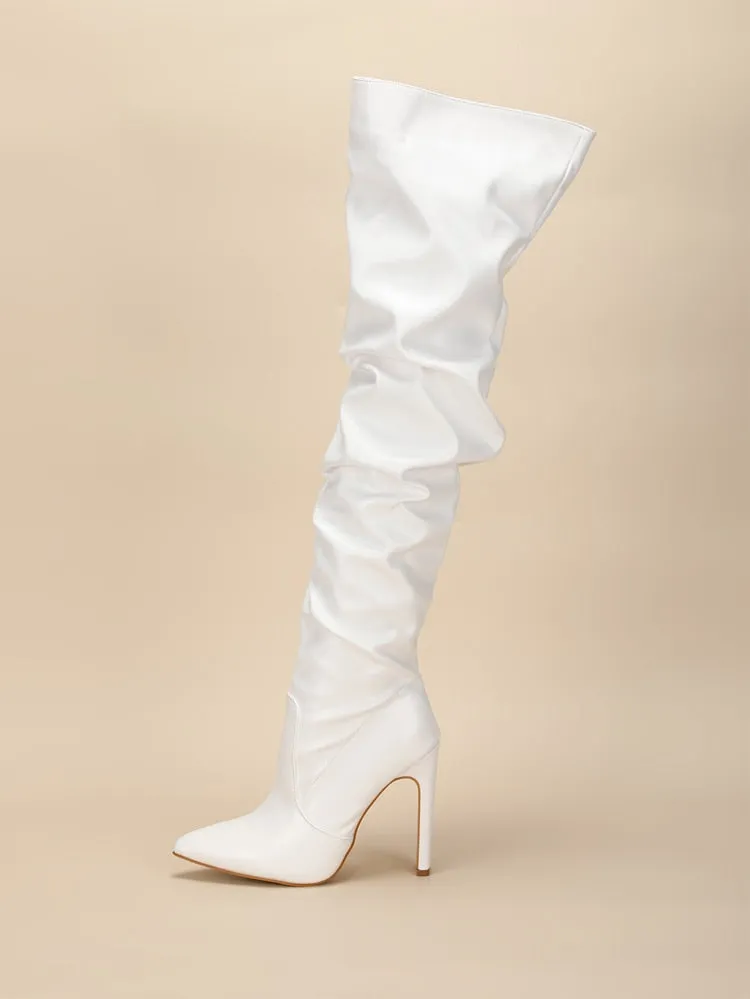 Pleated Thigh High Boots Pointed Toe Zip Stiletto Square Heels Shoes