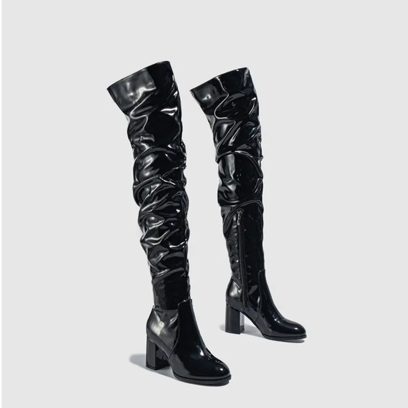 PU Chunky Heel Over the Knee Pleated Boots