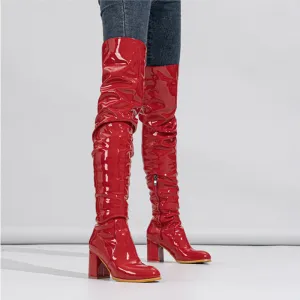 PU Chunky Heel Over the Knee Pleated Boots