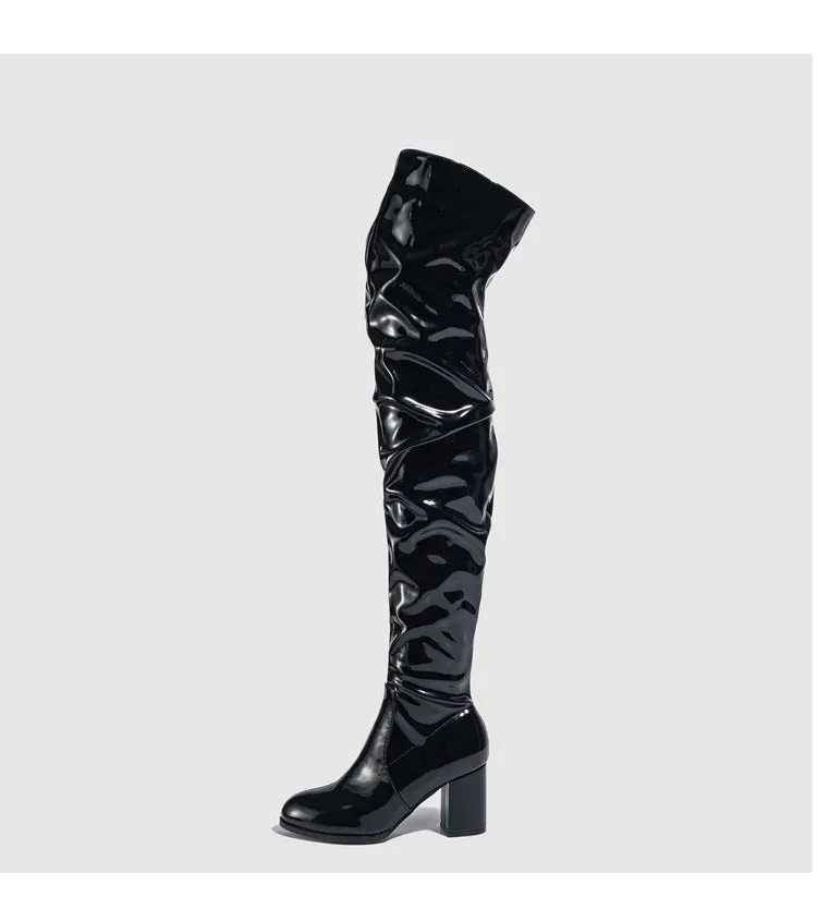 PU Chunky Heel Over the Knee Pleated Boots