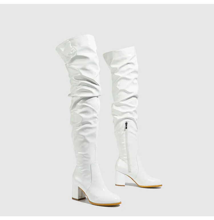 PU Chunky Heel Over the Knee Pleated Boots