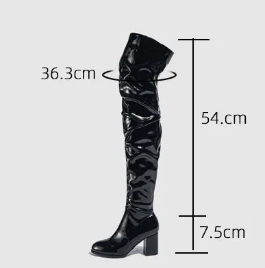 PU Chunky Heel Over the Knee Pleated Boots