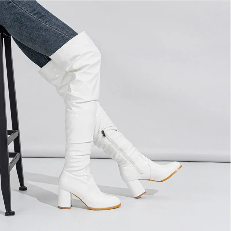 PU Chunky Heel Over the Knee Pleated Boots