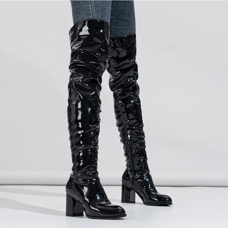 PU Chunky Heel Over the Knee Pleated Boots