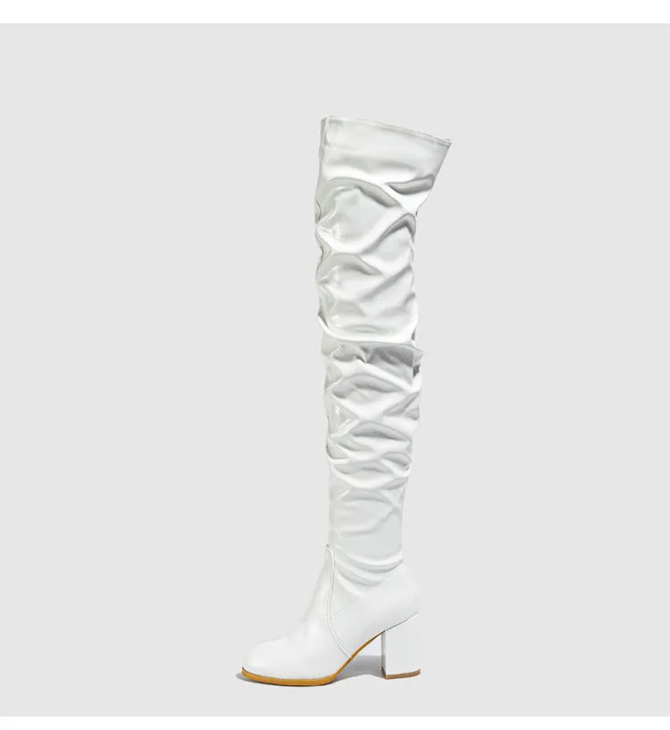 PU Chunky Heel Over the Knee Pleated Boots