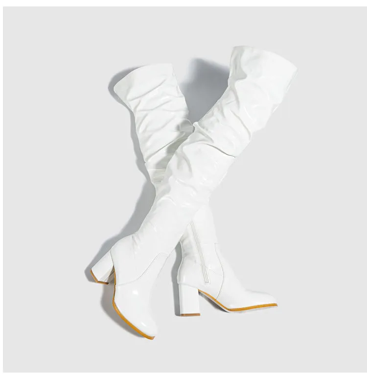PU Chunky Heel Over the Knee Pleated Boots