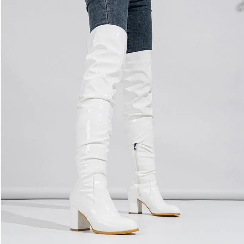 PU Chunky Heel Over the Knee Pleated Boots