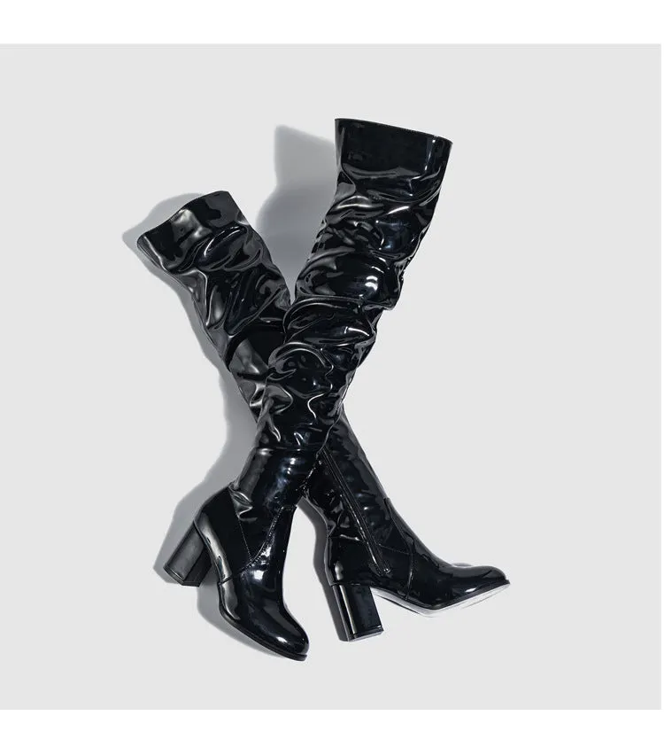 PU Chunky Heel Over the Knee Pleated Boots