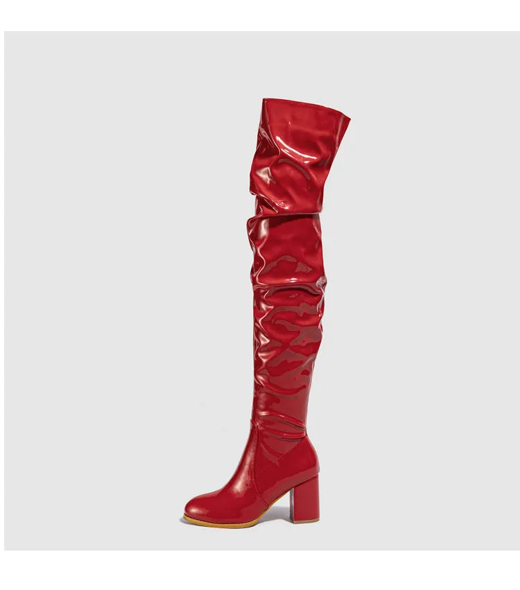 PU Chunky Heel Over the Knee Pleated Boots