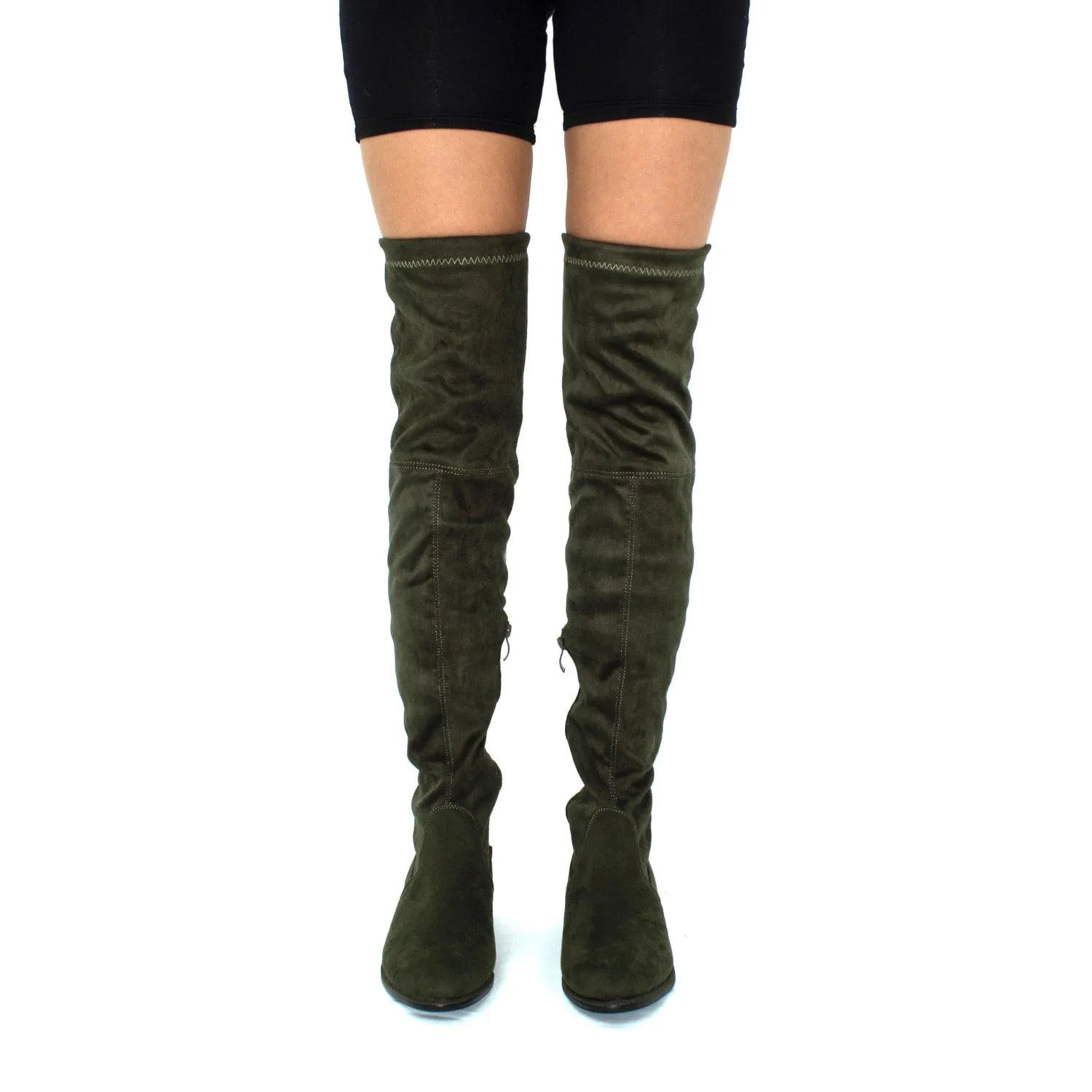Ray - Khaki Faux Suede Zip Tie Up Thigh High Boots