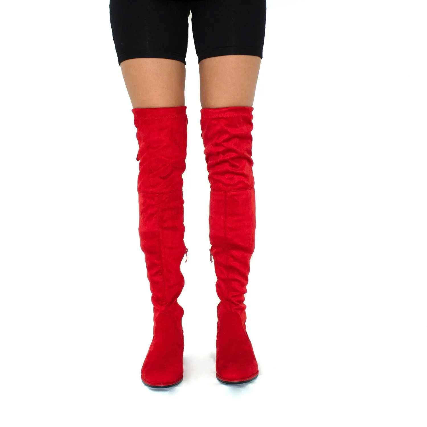 Ray - Red Faux Suede Zip Tie Up Thigh High Boots