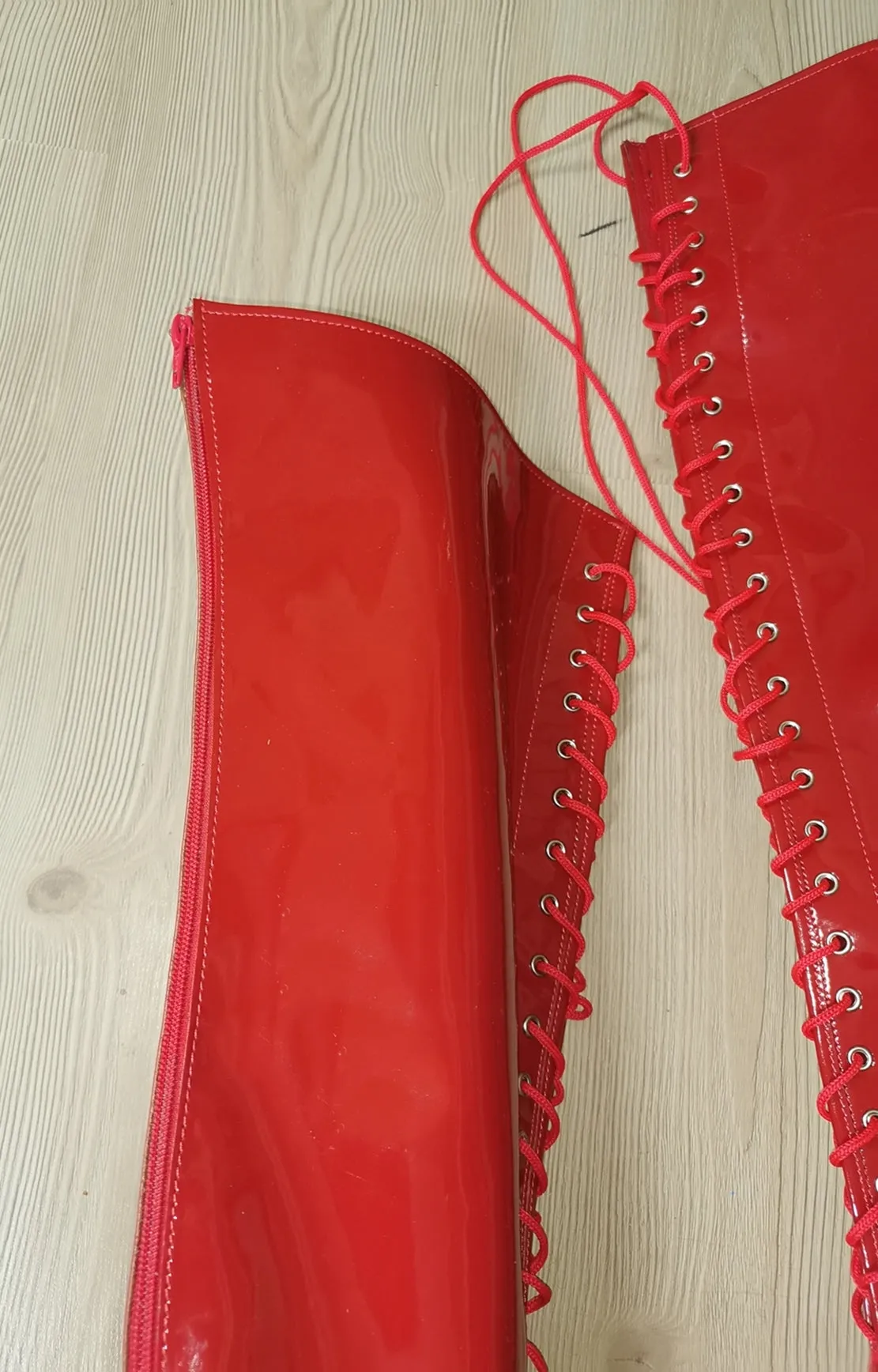 Red Patent Gladiator Lace Up Thigh High Boots